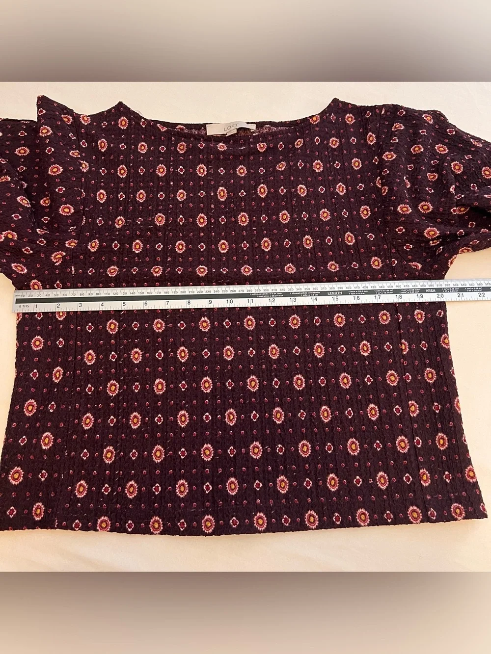 LOFT  Top with Pink Geometric Print and 3/4 Puff Sleeves